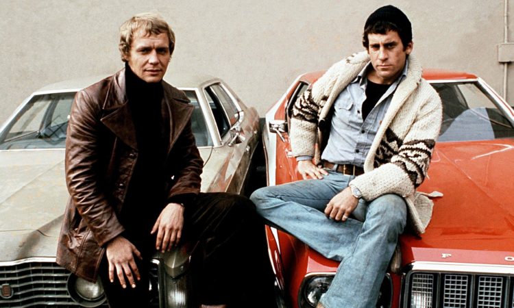 Starsky & Hutch stars David Soul and Paul Michael Glaser  with the show's customised red 1975 Ford